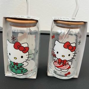 Hello Kitty Holiday Glass Tumbler with Straw 16oz Set of 2